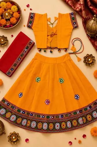 Yellow kutch work embroidered cotton mirrorwork chaniya choli set with dupatta