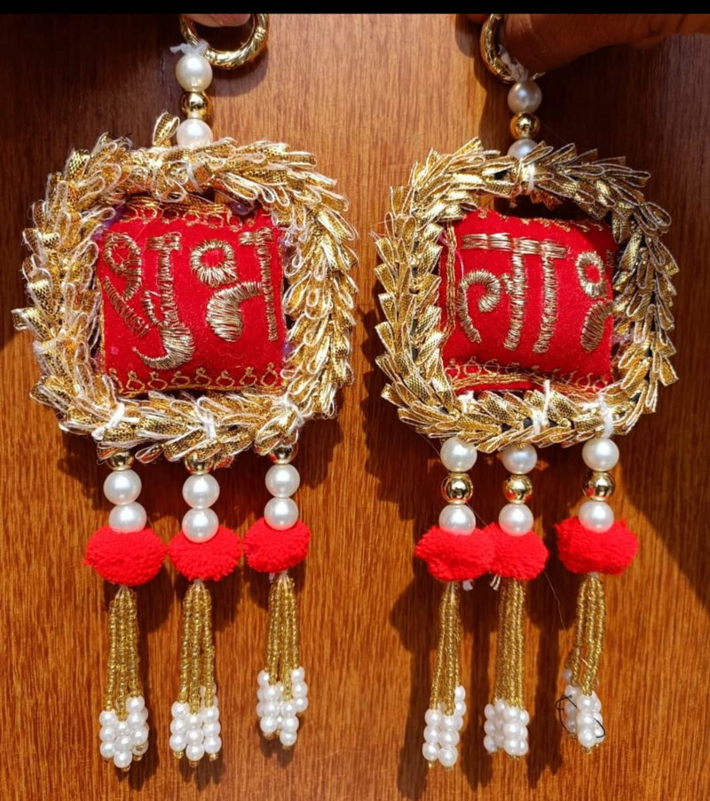 shubh labh door hanging  traditional red decorative hanging with pearl beads for home decor (pack of 2)