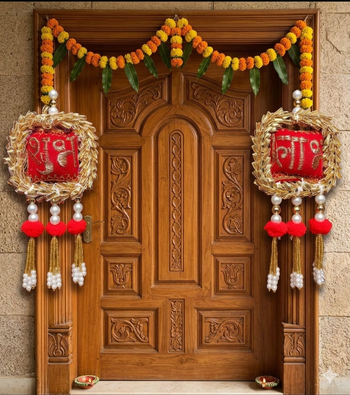 shubh labh door hanging  traditional red decorative hanging with pearl beads for home decor (pack of 2) 2