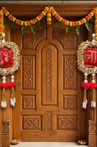 shubh labh door hanging  traditional red decorative hanging with pearl beads for home decor (pack of 2)