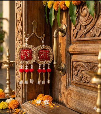 shubh labh door hanging  traditional red decorative hanging with pearl beads for home decor (pack of 2) 3