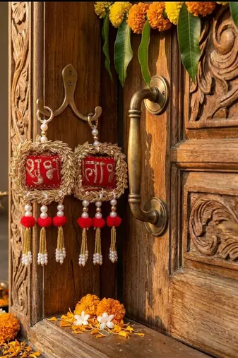 shubh labh door hanging  traditional red decorative hanging with pearl beads for home decor (pack of 2)