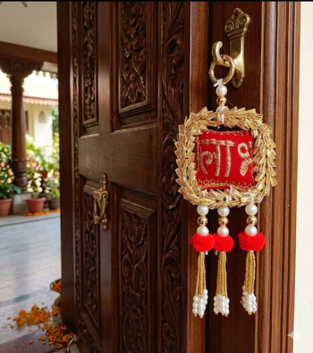 shubh labh door hanging  traditional red decorative hanging with pearl beads for home decor (pack of 2) 4