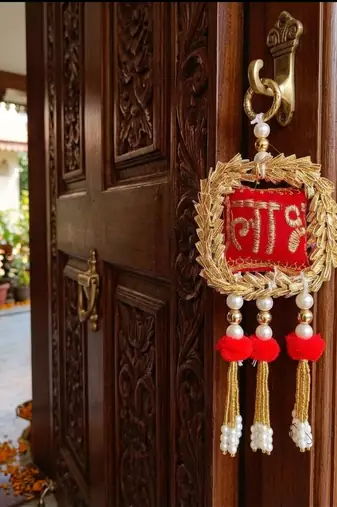 shubh labh door hanging  traditional red decorative hanging with pearl beads for home decor (pack of 2)