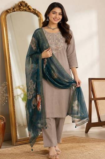Women’s premium embroidered straight kurta set with pant & dupatta