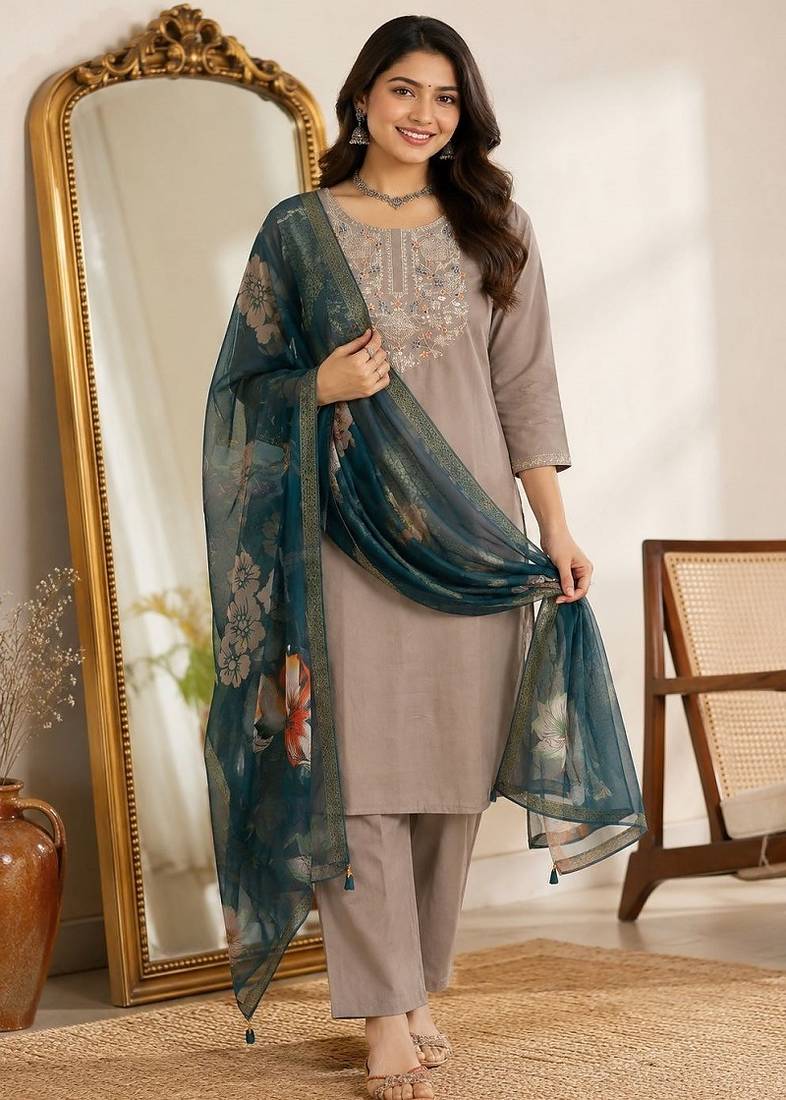 Women’s premium embroidered straight kurta set with pant & dupatta