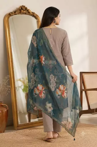 Women’s premium embroidered straight kurta set with pant & dupatta