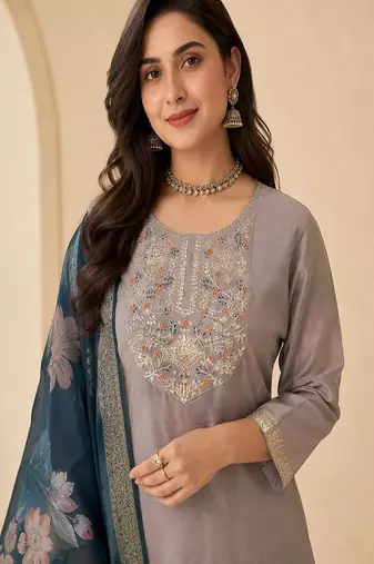 Women’s premium embroidered straight kurta set with pant & dupatta