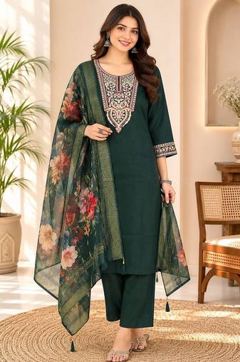 embroidered straight kurta set with pant & dupatta