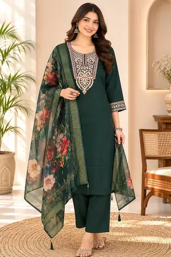 embroidered straight kurta set with pant & dupatta