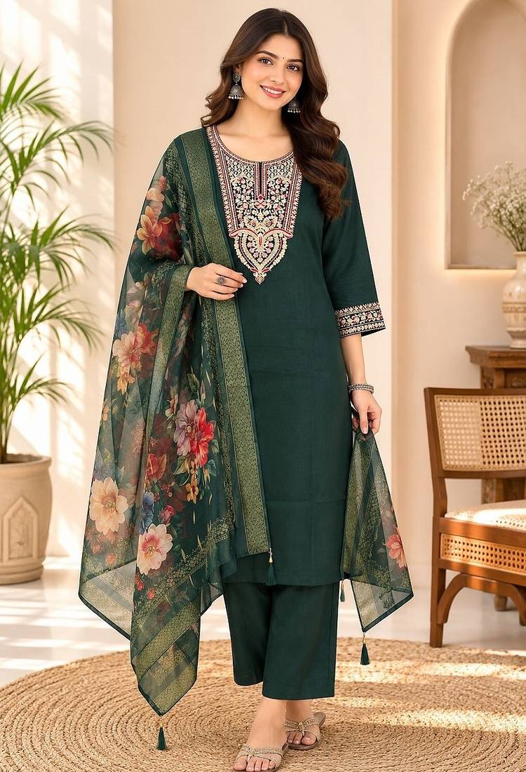 embroidered straight kurta set with pant & dupatta