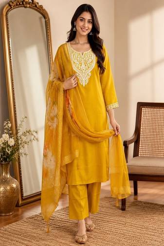 embroidered straight kurta set with pant & dupatta