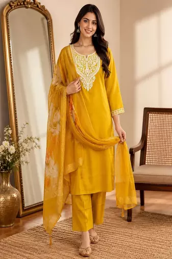 embroidered straight kurta set with pant & dupatta