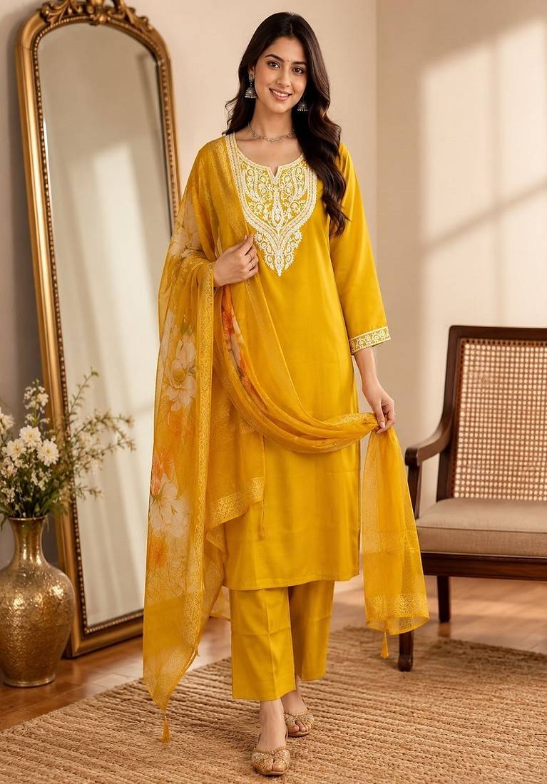 embroidered straight kurta set with pant & dupatta