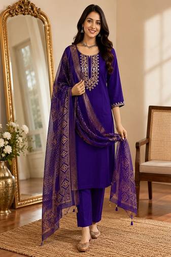 embroidered straight kurta set with pant & dupatta