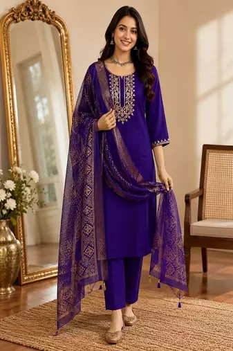 embroidered straight kurta set with pant & dupatta