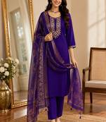 embroidered straight kurta set with pant & dupatta