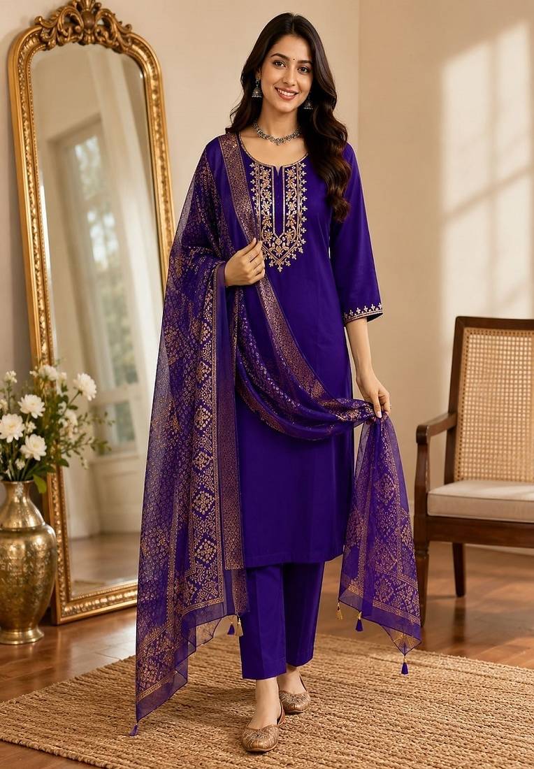 embroidered straight kurta set with pant & dupatta