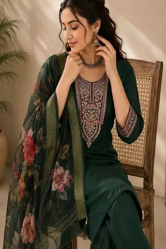 embroidered straight kurta set with pant & dupatta