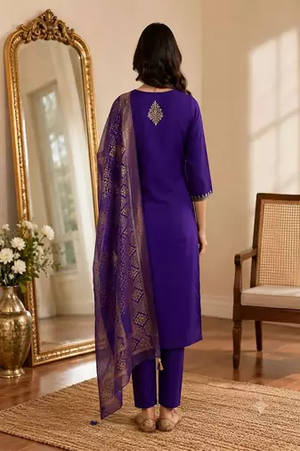 embroidered straight kurta set with pant & dupatta