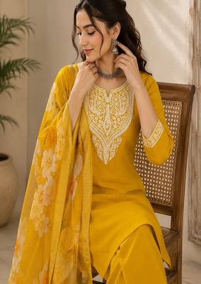 embroidered straight kurta set with pant & dupatta 3