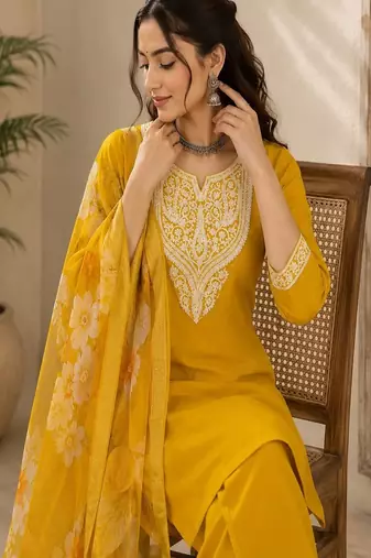 embroidered straight kurta set with pant & dupatta