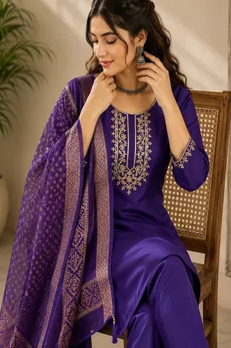 embroidered straight kurta set with pant & dupatta