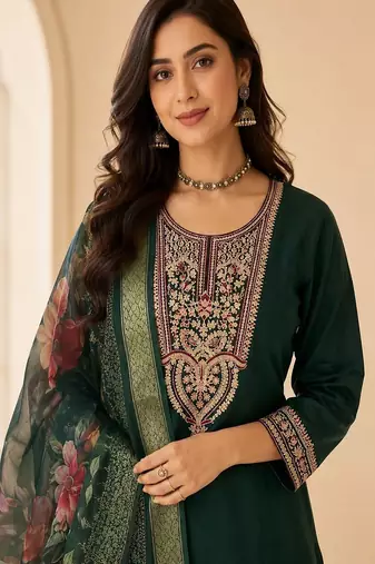 embroidered straight kurta set with pant & dupatta