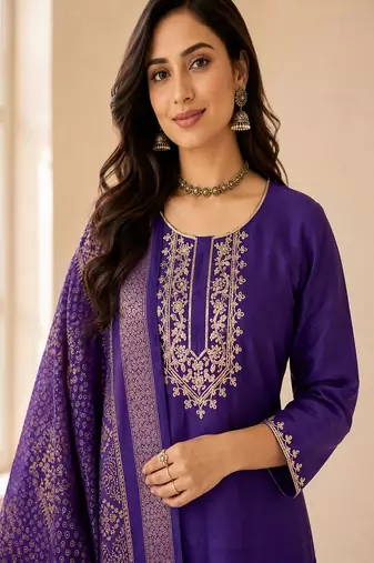 embroidered straight kurta set with pant & dupatta