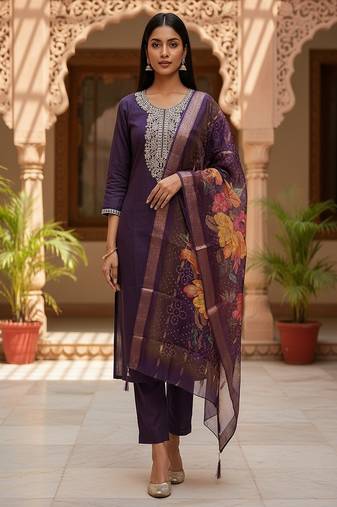 Women’s premium embroidered straight kurta set with pant & dupatta