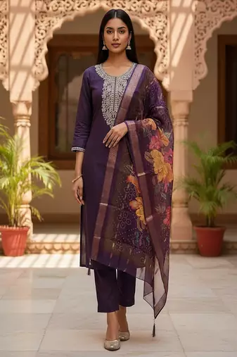 Women’s premium embroidered straight kurta set with pant & dupatta