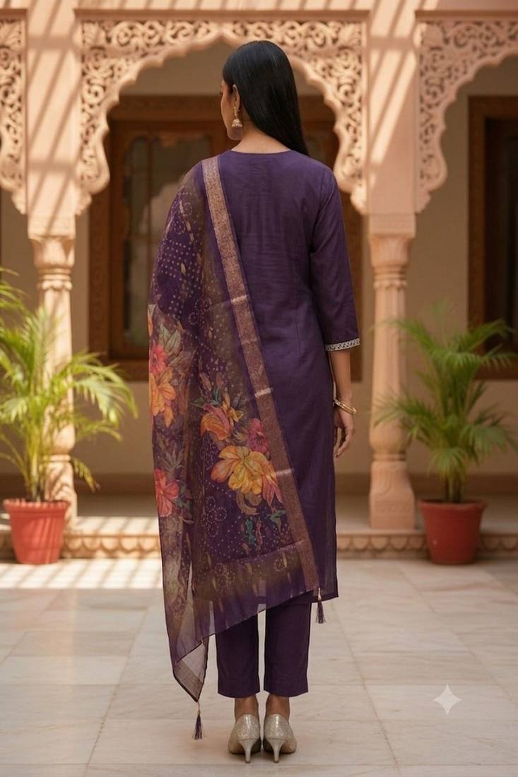 Women’s premium embroidered straight kurta set with pant & dupatta