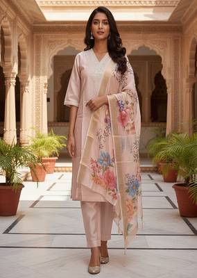 embroidered straight kurta set with pant & dupatta 1