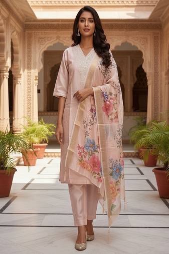 embroidered straight kurta set with pant & dupatta