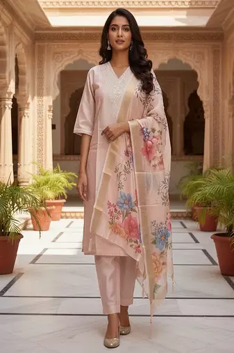 embroidered straight kurta set with pant & dupatta