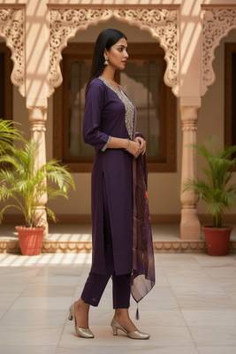 Women’s premium embroidered straight kurta set with pant & dupatta 3