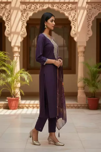 Women’s premium embroidered straight kurta set with pant & dupatta