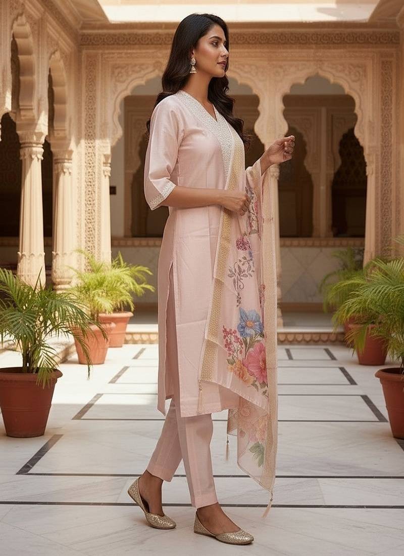 embroidered straight kurta set with pant & dupatta
