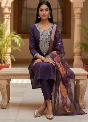 Women’s premium embroidered straight kurta set with pant & dupatta 4