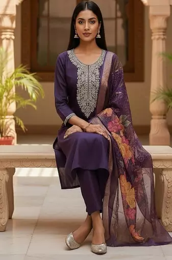Women’s premium embroidered straight kurta set with pant & dupatta