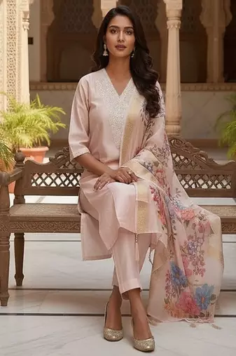 embroidered straight kurta set with pant & dupatta