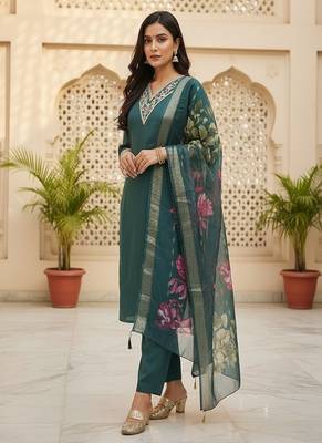 embroidered straight kurta set with pant & dupatta 1