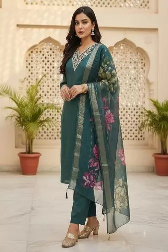 embroidered straight kurta set with pant & dupatta
