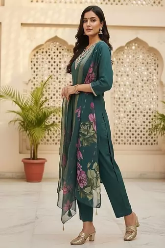 embroidered straight kurta set with pant & dupatta