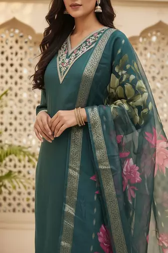 embroidered straight kurta set with pant & dupatta