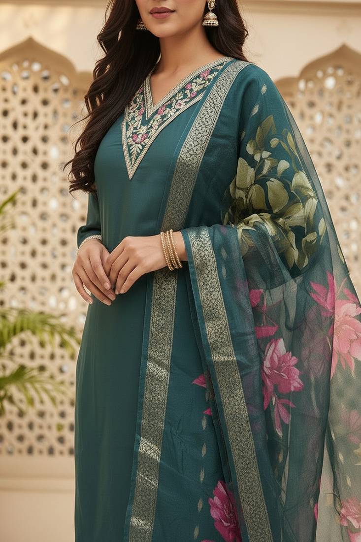 embroidered straight kurta set with pant & dupatta