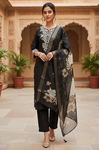 embroidered straight kurta set with pant & dupatta