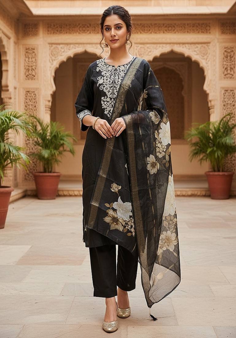embroidered straight kurta set with pant & dupatta