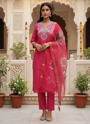 embroidered straight kurta set with pant & dupatta 1