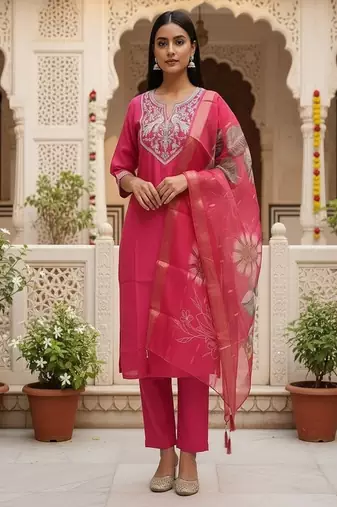 embroidered straight kurta set with pant & dupatta